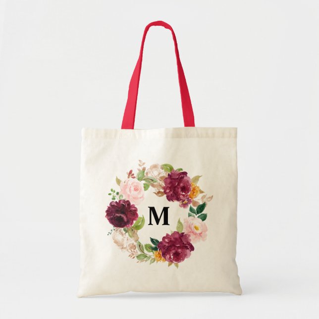 Tote Bag Couronne de monogramme florale aquarelle boho bord (Devant)