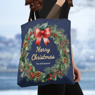 Tote Bag Couronne de Noël festive bleu marine Élégante sur