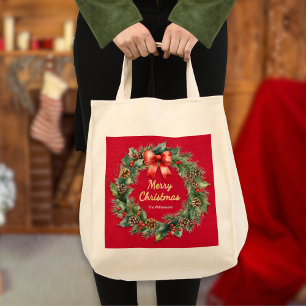 Tote Bag Couronne de Noël festive élégante rouge personnali