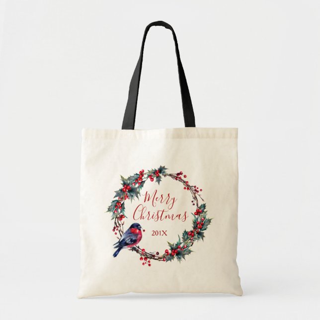 Tote Bag Couronne de Noël Holly et bullfinch (Devant)