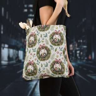 Tote Bag Couronne de Pâques en buis avec ruban rose et œuf