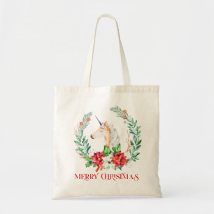 Tote Bag couronne de poinsettia et licorne de Noël