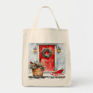 Tote Bag Couronne de porte de Noël rouge hivernal rustique
