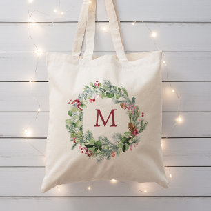 Tote Bag Couronne de verdure d'hiver à l'aquarelle monogram