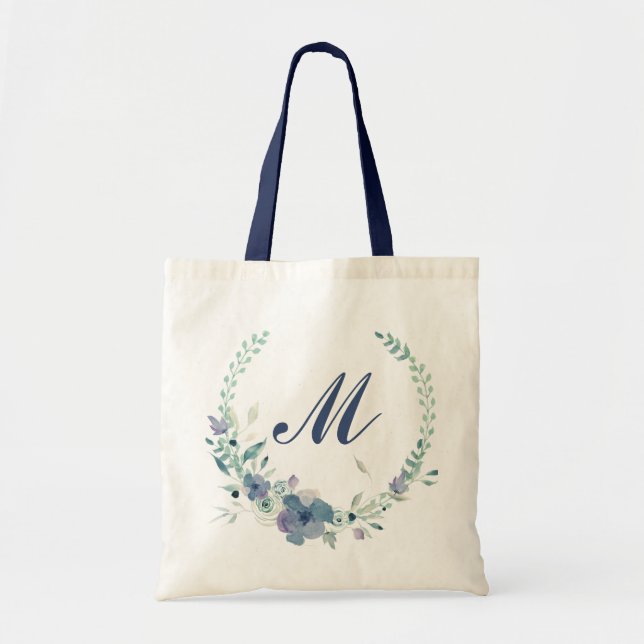 Tote Bag Couronne d'eau bleue de monogramme aquarelle flora (Devant)