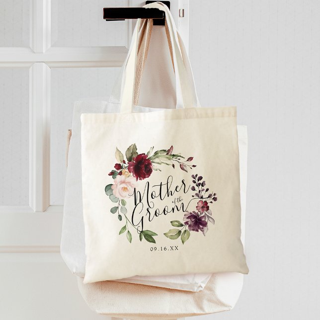Tote Bag Couronne Fleurie Burgundy Blush Mère du Marié (Floral Wreath Burgundy Blush Mother of the Groom Tote Bag)