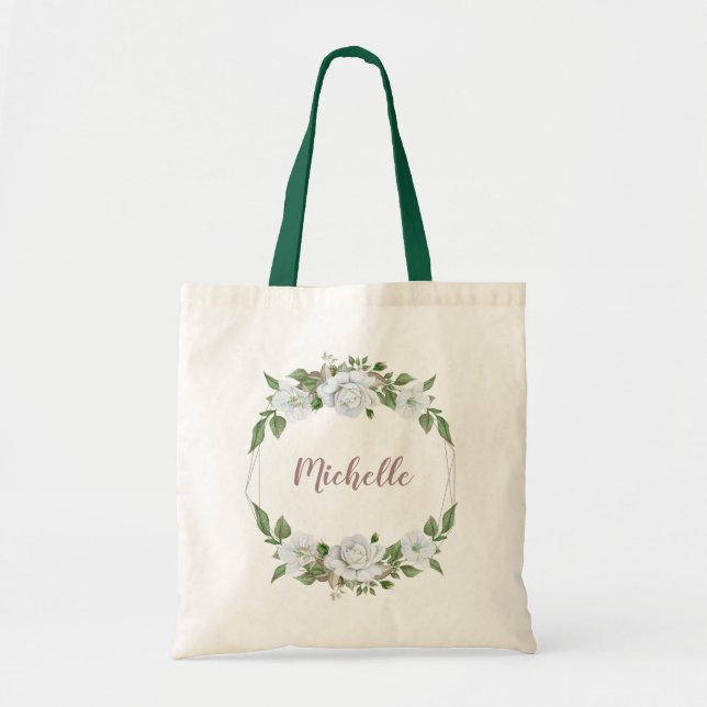 Tote Bag Couronne florale blanche avec nom (Devant)