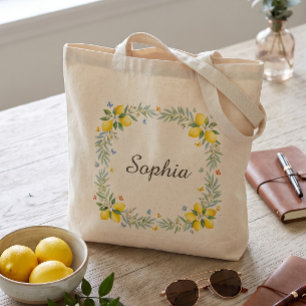 Tote Bag Couronne florale d'été au citron aquarelle