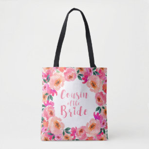 Tote Bag Cousin de la mariée rose aquarelle Mariage floral