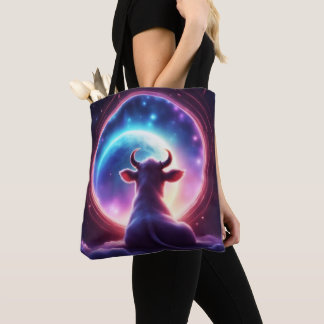 Tote Bag Cow in Space Looking at Earth Whimsical Rainbow