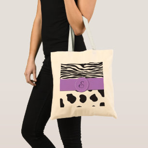 Tote Bag Cow Print, Cow Spots, Zebra Stripes, monogram