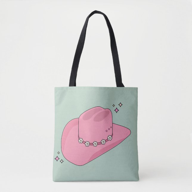 Tote Bag Cowboy Casquette Preppy Rose Et Vert (Devant)