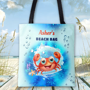 Tote Bag Crab Turquoise Blue Boy Pool Beach Nom personnalis