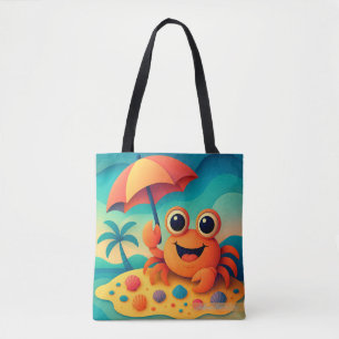 Tote Bag Crabe de plage joyeux avec parapluie tropical
