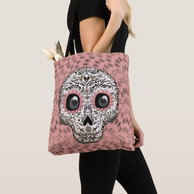Tote Bag Crâne à sucre rose et or et mignonette Coeurs Whim (De près)
