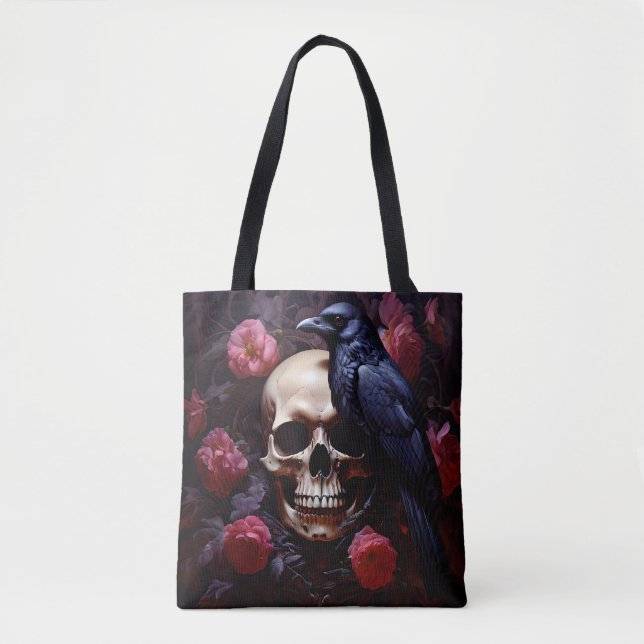 Tote Bag Crâne avec corbeau et Rose (Devant)