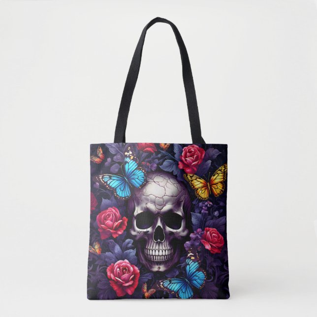 Tote Bag Crâne avec Roses et papillons Goth (Devant)