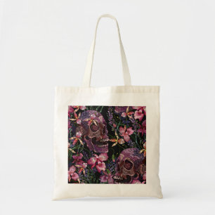 Tote Bag Crâne brodé : Motif gothique de l'orchidée