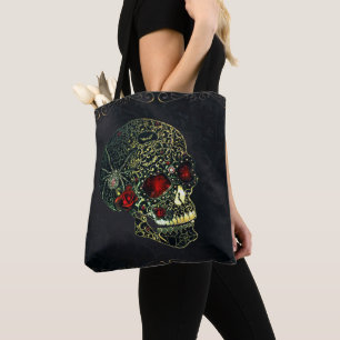 Tote Bag Crâne de araignée & Roses de filigrane gothique gl