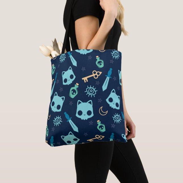 Tote Bag Crâne de chat bleu foncé crânes bleu foncé Motif a (De près)