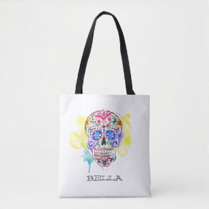 Tote Bag Crâne de sucre coloré en encre Jour du nom mort