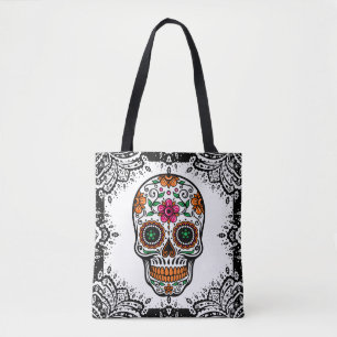Tote Bag Crâne de sucre coloré Frame de marguerite noire