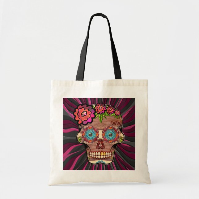 Tote Bag Crâne de sucre en bois sculpté avec couronne fleur (Devant)
