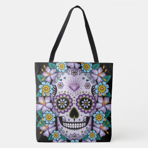 Tote Bag Crâne de sucre pourpre aux fleurs