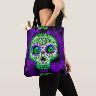 Tote Bag Crâne de sucre vert et violet brillant Halloween