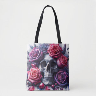 Tote Bag Crâne entouré de Roses dynamiques