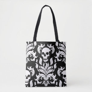 Tote Bag Crâne flamme Damas en blanc foncé sur noir
