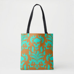 Tote Bag Crâne flamme Damas en vert toxique sur orange