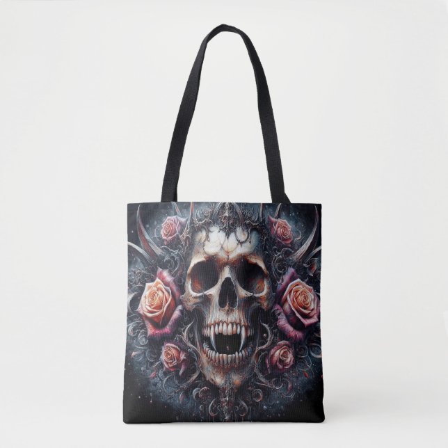 Tote Bag Crâne gothique orné de Rose (Devant)