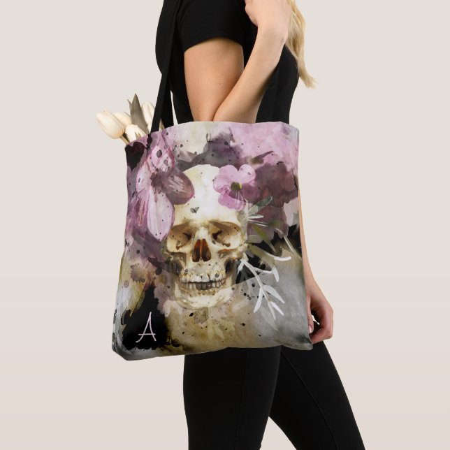 Tote Bag Crâne rose floral Art Abstrait avec Monogramme (De près)