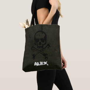 Tote Bag Crâne Vintage Vert Grunge Croix d'Os Halloween