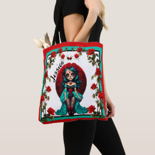 Tote Bag Crânes de sucre avec roses sarcelles et rouges
