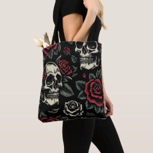 Tote Bag Crânes et roses rouges florale gothique