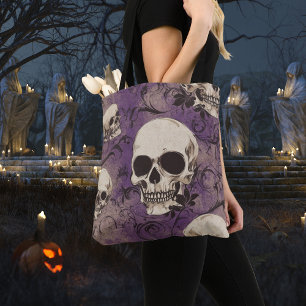 Tote Bag Crânes gothiques vintage sur fond de damas violet 