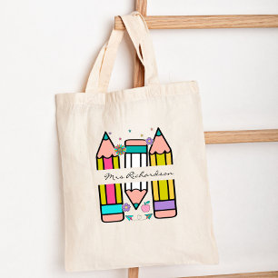 Tote Bag Crayon de nom d'enseignant coloré dessin animé