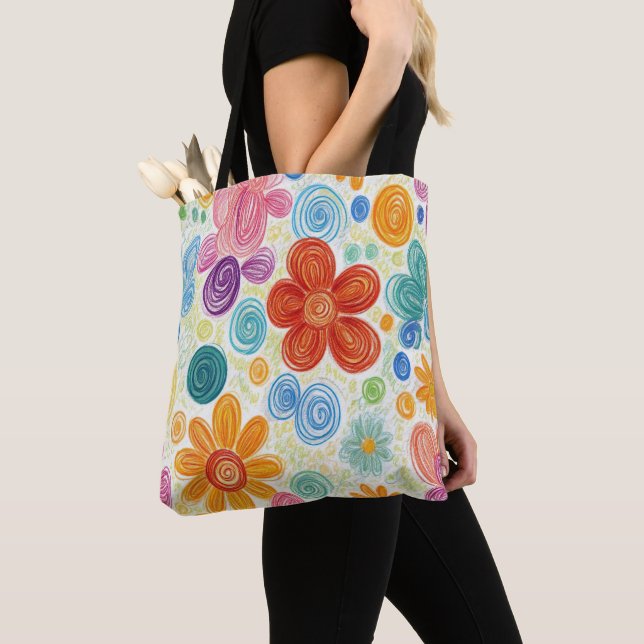 Tote Bag Crayon Doodle Daisy Design (De près)