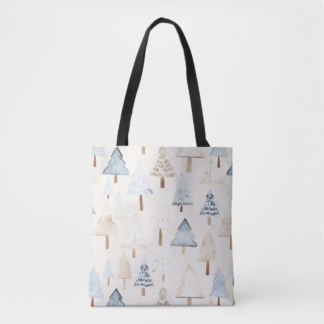 Tote Bag Cream Beige Blue Christmas Trees (Devant)