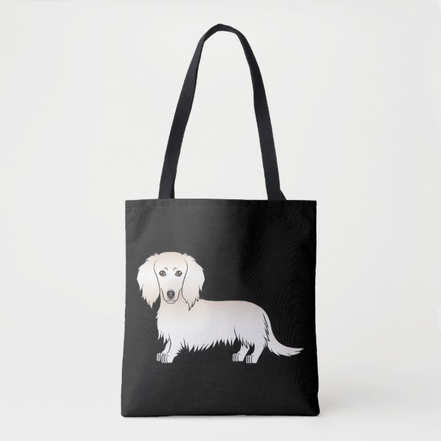 Tote Bag Cream Long Cheveux Dachshund Dessin Chien Sur Noir (Devant)