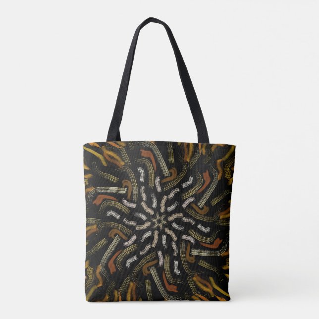 Tote Bag Creamy Golden Yellows Raked Pattern On Black (Dos)