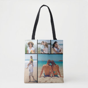 Tote Bag Create Your Own 5 Photo Collage Editable Color
