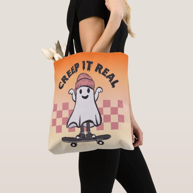 Tote Bag Creer it Real Skateboard Ghost Orange Halloween (De près)