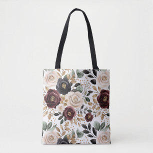 Tote Bag Crème Bourgogne Floral noir