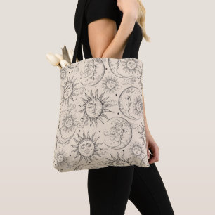 Tote Bag Crème d'Ivoire Magie Vintage Soleil Lune Étoiles