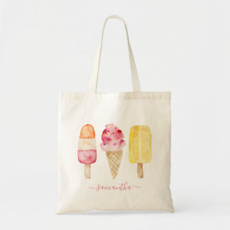 Tote Bag Crème Glacée Sucette Rose Jaune Aquarelle