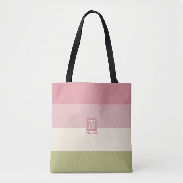 Tote Bag Crème Rose Vert Couleur Palette Bandes Monogramme (Devant)