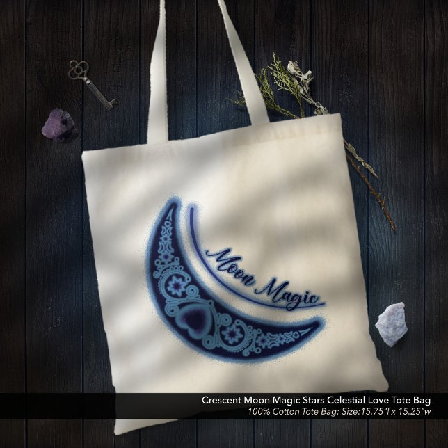 Tote Bag Crescent Moon Magic Stars Celestial Love (Moon Magic Tote Bag: Crescent Moon with Stars and Heart Design Celestial Love)